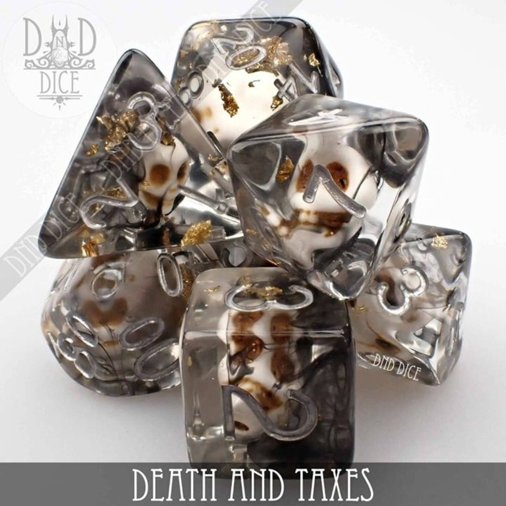 DND Dice Set - Death and Taxes - 7‎ Resin Dice with Skulls - RPG Tabletop Gaming